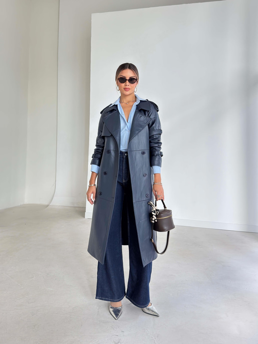 Beli Ve Kol Ucu Kemer Detaylı Tegan Lacivert Kadın Deri Trenç 26K016