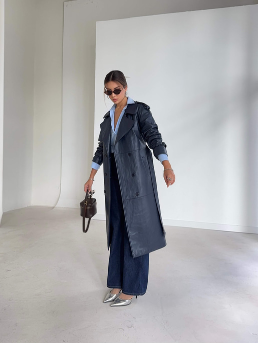 Beli Ve Kol Ucu Kemer Detaylı Tegan Lacivert Kadın Deri Trenç 26K016