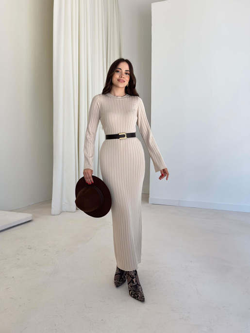 Bisiklet Yaka Agatha Bej Triko Kadın Elbise 26K003