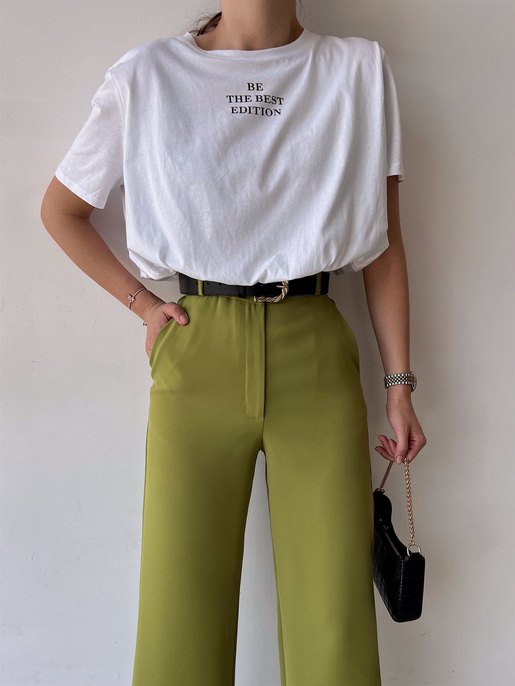 Bisiklet Yaka Baskılı Lastikli Bel Kadın Beyaz Crop Tişört 22Y000208