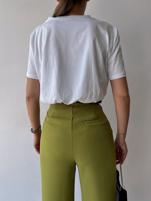 Bisiklet Yaka Baskılı Lastikli Bel Kadın Beyaz Crop Tişört 22Y000208