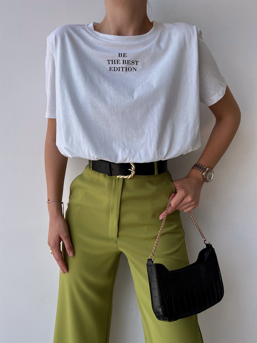 Bisiklet Yaka Baskılı Lastikli Bel Kadın Beyaz Crop Tişört 22Y000208