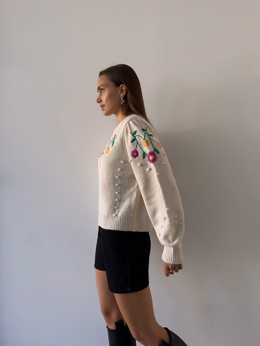 Bisiklet Yaka Çiçek Desenli Todd Kadın Krem Kazak 23K000183