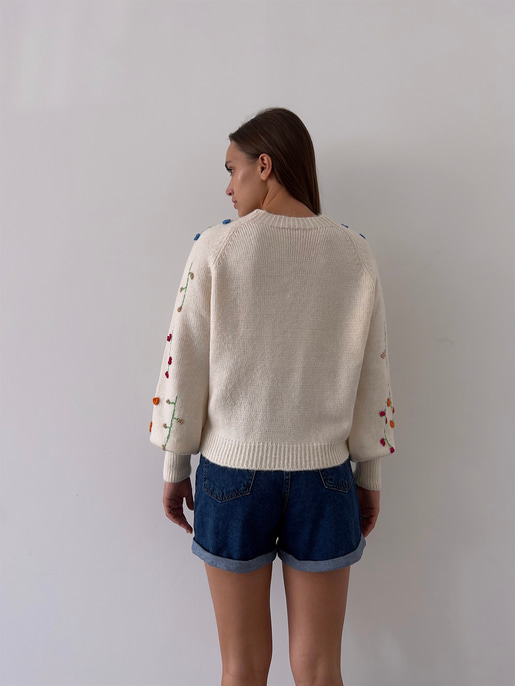 Bisiklet Yaka Çiçek Desenli Trevon Kadın Bej Kazak 23K000182