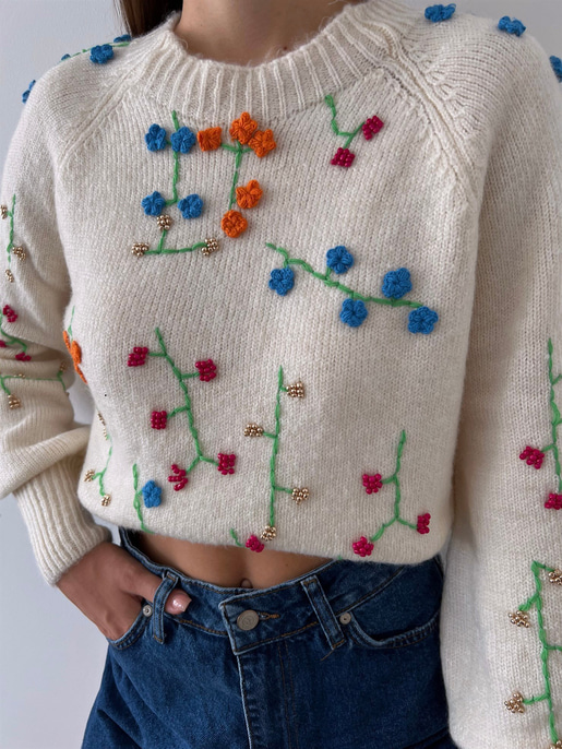 Bisiklet Yaka Çiçek Desenli Trevon Kadın Bej Kazak 23K000182