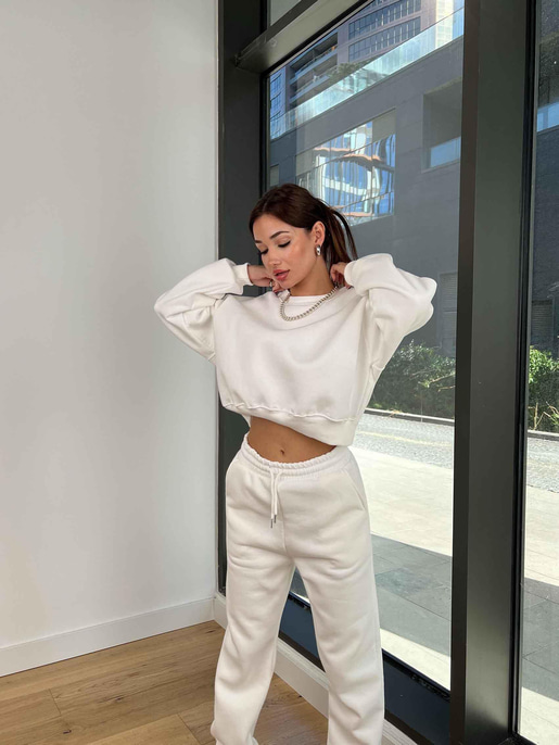 Bisiklet Yaka Crop Sweatshirt Lastikli Eşofman Wesley Kadın Beyaz Eşofman Takım 24k258