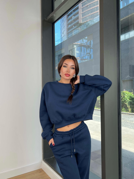 Bisiklet Yaka Crop Sweatshirt Lastikli Eşofman Wesley Kadın Lacivert Eşofman Takım 24k258