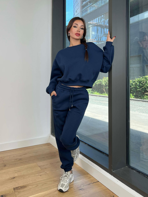 Bisiklet Yaka Crop Sweatshirt Lastikli Eşofman Wesley Kadın Lacivert Eşofman Takım 24k258