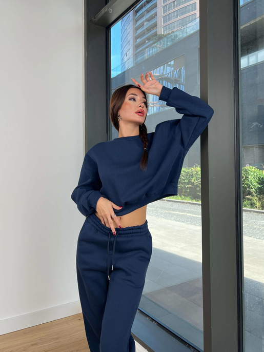 Bisiklet Yaka Crop Sweatshirt Lastikli Eşofman Wesley Kadın Lacivert Eşofman Takım 24k258