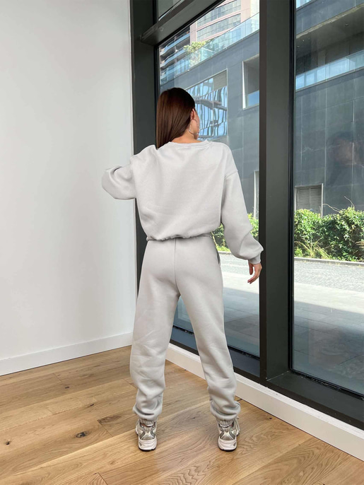 Bisiklet Yaka Crop Sweatshirt Lastikli Eşofman Wesley Kadın Gri Eşofman Takım 24k258