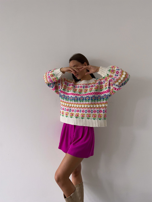 Bisiklet Yaka Etnik Desenli Rene Kadın Renkli Kazak 23K000189