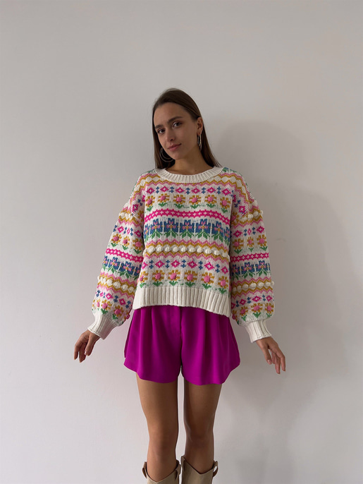 Bisiklet Yaka Etnik Desenli Rene Kadın Renkli Kazak 23K000189