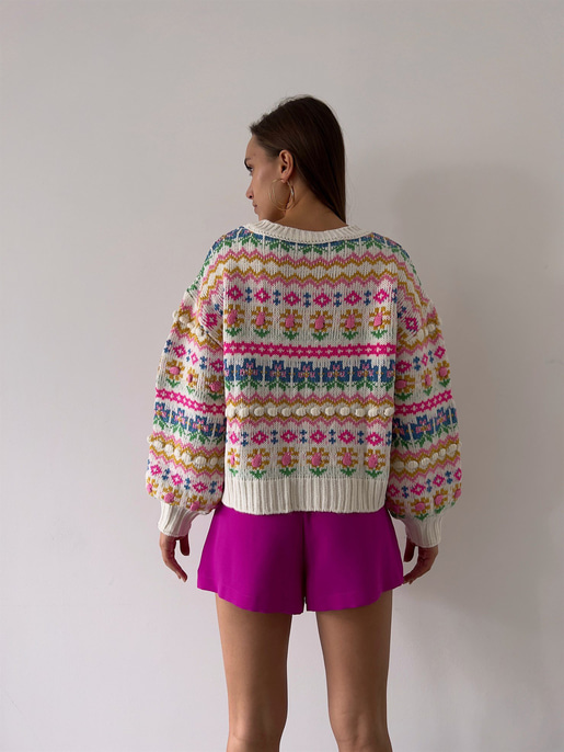 Bisiklet Yaka Etnik Desenli Rene Kadın Renkli Kazak 23K000189