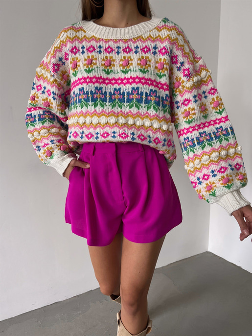 Bisiklet Yaka Etnik Desenli Rene Kadın Renkli Kazak 23K000189