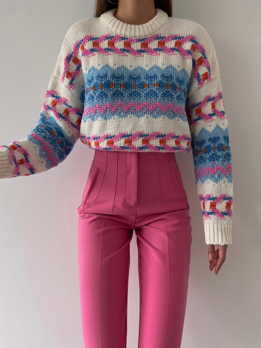 Bisiklet Yaka Etnik Desenli Terrell Kadın Mavi Kazak 23K000185