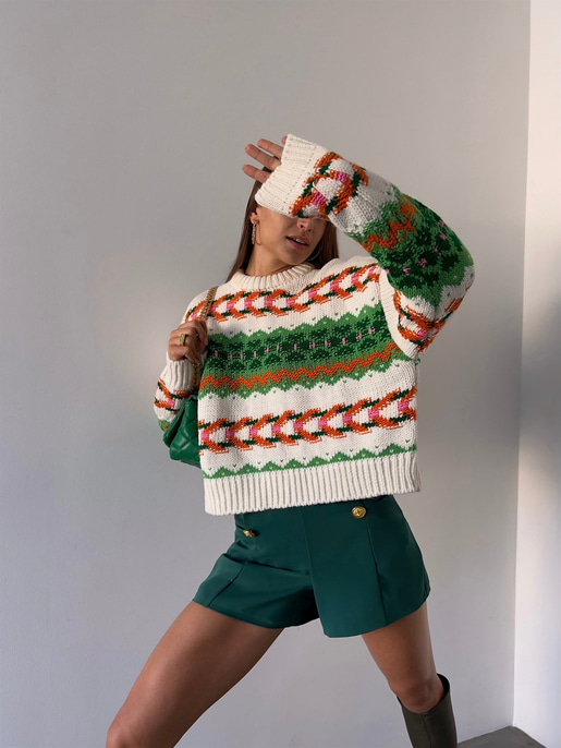 Bisiklet Yaka Etnik Desenli Terrell Kadın Yeşil Kazak 23K000185