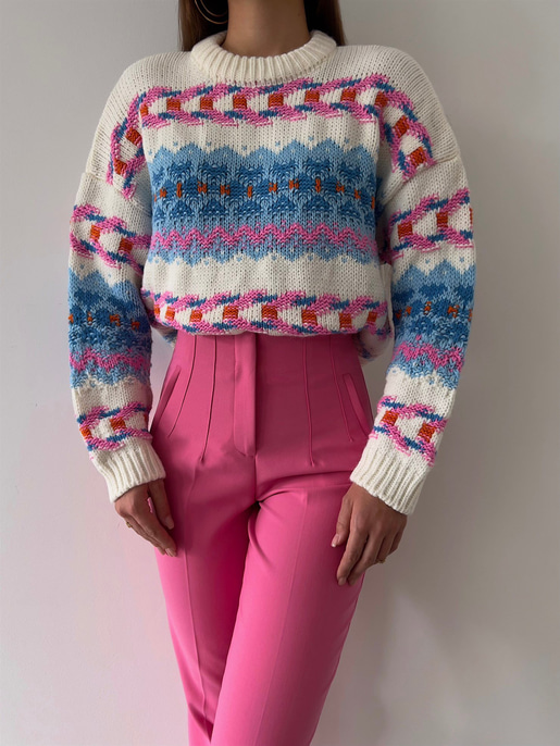 Bisiklet Yaka Etnik Desenli Terrell Kadın Mavi Kazak 23K000185