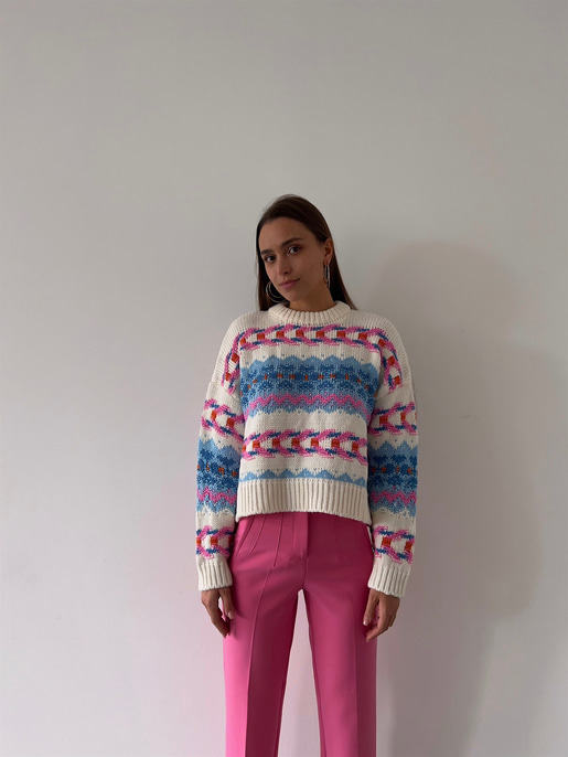 Bisiklet Yaka Etnik Desenli Terrell Kadın Mavi Kazak 23K000185