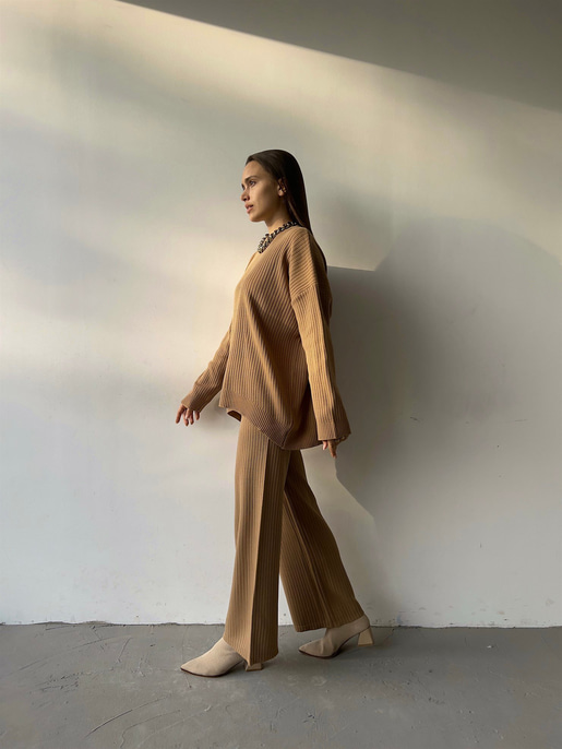 Bisiklet Yaka Geniş Paçalı Laura Kadın Vizon Triko Takım 23K000283