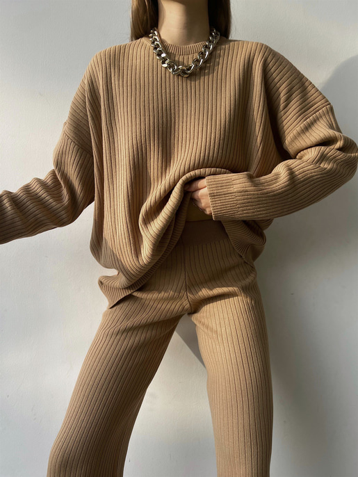 Bisiklet Yaka Geniş Paçalı Laura Kadın Vizon Triko Takım 23K000283