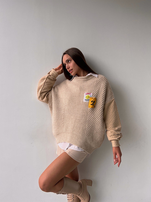 Bisiklet Yaka Kol Kısmı Kapitone Detaylı Nela Kadın Taş Salaş Triko Kazak 23K000160