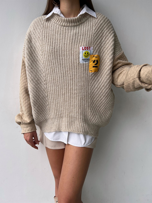 Bisiklet Yaka Kol Kısmı Kapitone Detaylı Nela Kadın Taş Salaş Triko Kazak 23K000160