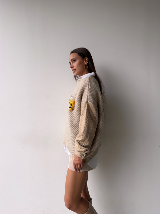 Bisiklet Yaka Kol Kısmı Kapitone Detaylı Nela Kadın Taş Salaş Triko Kazak 23K000160