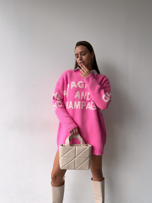 Bisiklet Yaka Ön Ve Arka Kısmı Yazılı Stuart Kadın Pembe Uzun Triko Kazak 23K000186