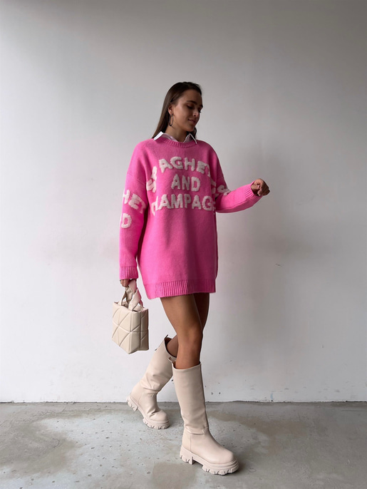 Bisiklet Yaka Ön Ve Arka Kısmı Yazılı Stuart Kadın Pembe Uzun Triko Kazak 23K000186