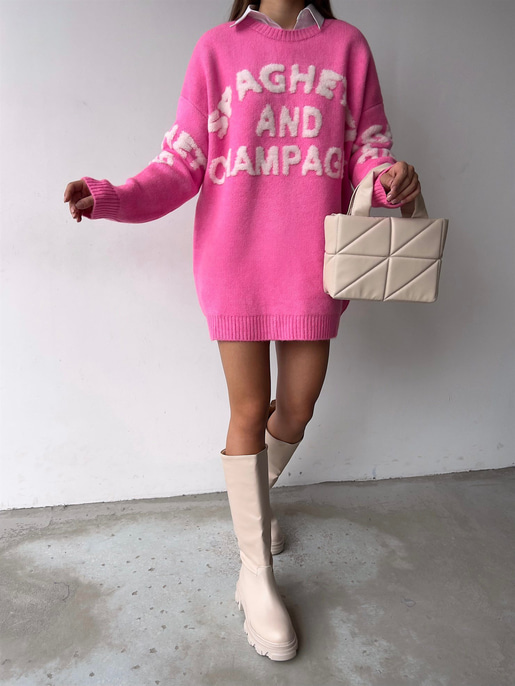 Bisiklet Yaka Ön Ve Arka Kısmı Yazılı Stuart Kadın Pembe Uzun Triko Kazak 23K000186