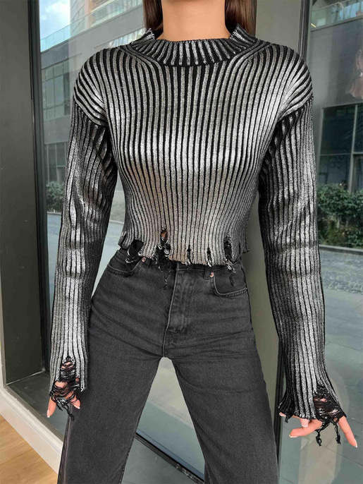 Bisiklet Yaka Parlak Joana Kadın Siyah Kazak 24k000185