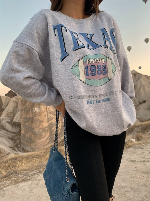 Bisiklet Yaka Texas Baskılı Kadın Gri Sweat 22K000009