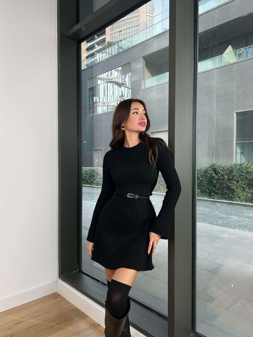 Bisiklet Yaka Uzun Kollu Lainn Kadın Siyah Triko Mini Elbise 24k283