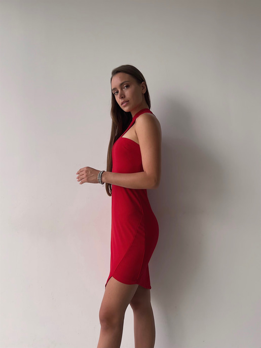 Bisiklet Yaka Uzun Tek Kol Göğüs Detay Asimetrik Kesim Gratiana Kadın Kırmızı Elbise 23K000045