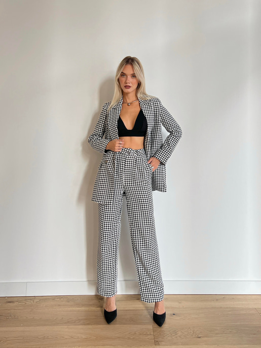 Blazer Ceket Yüksek Bel Bol Paça Pantolon Joe Kadın Siyah Tüvit Takım 24k000099