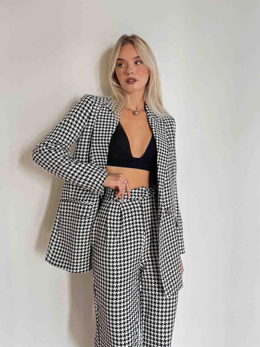 Blazer Ceket Yüksek Bel Bol Paça Pantolon Joe Kadın Siyah Tüvit Takım 24k000099