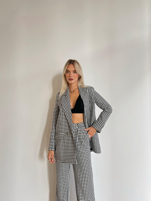 Blazer Ceket Yüksek Bel Bol Paça Pantolon Joe Kadın Siyah Tüvit Takım 24k000099