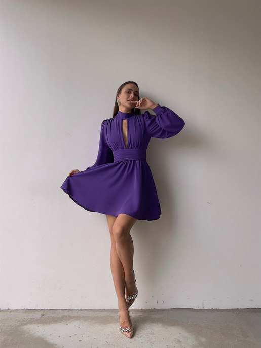 Boğazlı Derin V Yaka Düğmeli Kol Belden Oturtmalı Eteği Volanlı Ivon Kadın Mürdüm Mini Elbise 23K000029