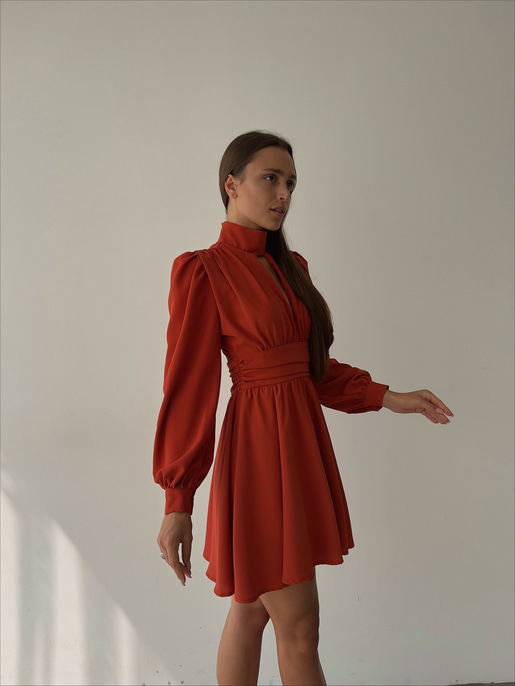 Boğazlı Derin V Yaka Düğmeli Kol Belden Oturtmalı Eteği Volanlı Ivon Kadın Kiremit Mini Elbise 23K000029