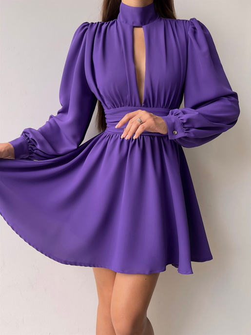 Boğazlı Derin V Yaka Düğmeli Kol Belden Oturtmalı Eteği Volanlı Ivon Kadın Mürdüm Mini Elbise 23K000029