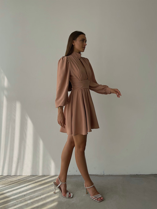 Boğazlı Derin V Yaka Düğmeli Kol Belden Oturtmalı Eteği Volanlı Ivon Kadın Somon Mini Elbise 23K000029