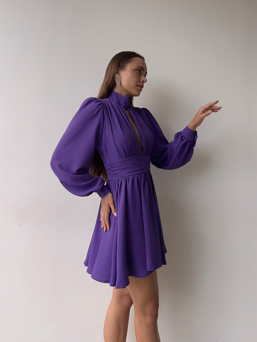 Boğazlı Derin V Yaka Düğmeli Kol Belden Oturtmalı Eteği Volanlı Ivon Kadın Mürdüm Mini Elbise 23K000029