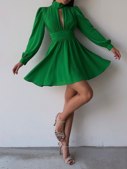 Boğazlı Derin V Yaka Düğmeli Kol Belden Oturtmalı Eteği Volanlı Ivon Kadın Zümrüt Mini Elbise 23K000029