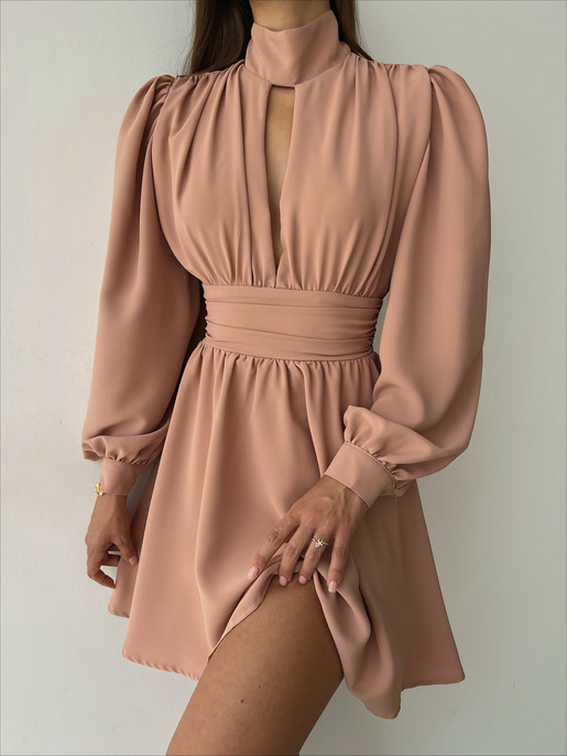 Boğazlı Derin V Yaka Düğmeli Kol Belden Oturtmalı Eteği Volanlı Ivon Kadın Somon Mini Elbise 23K000029