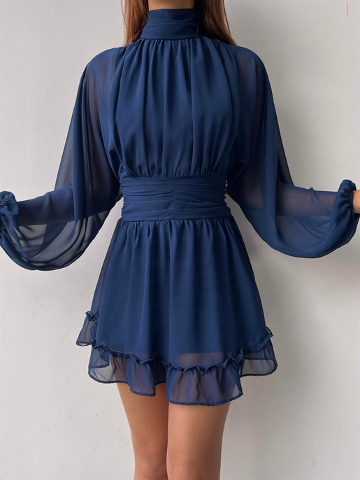 Boğazlı Etek Ucu Fırfırlı Uzun Tül Kol Penny Kadın Kısa Lacivert Elbise 23K000313