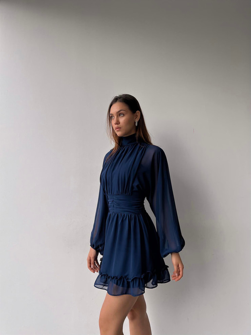 Boğazlı Etek Ucu Fırfırlı Uzun Tül Kol Penny Kadın Kısa Lacivert Elbise 23K000313