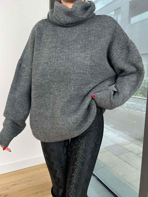 Boğazlı Oversize Allan Kadın Gri Kazak 24k428