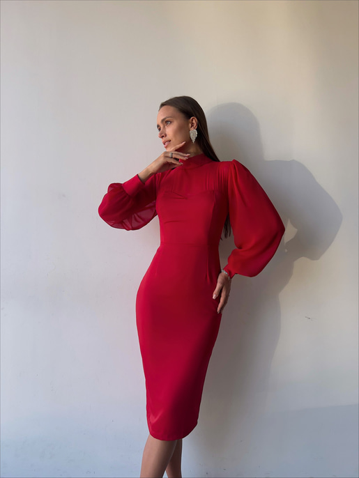 Boğazlı Uzun Tül Kol Agathe Kadın Kırmızı Midi Boy Elbise 23K000156