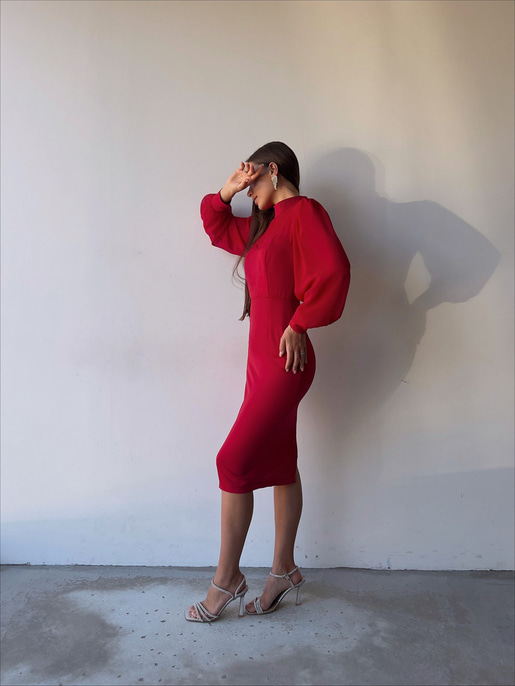 Boğazlı Uzun Tül Kol Agathe Kadın Kırmızı Midi Boy Elbise 23K000156