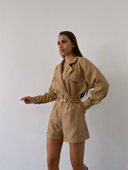 Boyfriend Önü Çıtçıt Kapamalı Ceket Ve Yüksek Bel Yanları Cepli Şort Zayne Kadın Camel Takım 23K000181